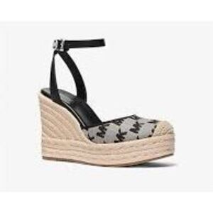 Michael Kors Size 11 Larissa Wedge Espadrille Sandal Black MK Monogram Print NWT